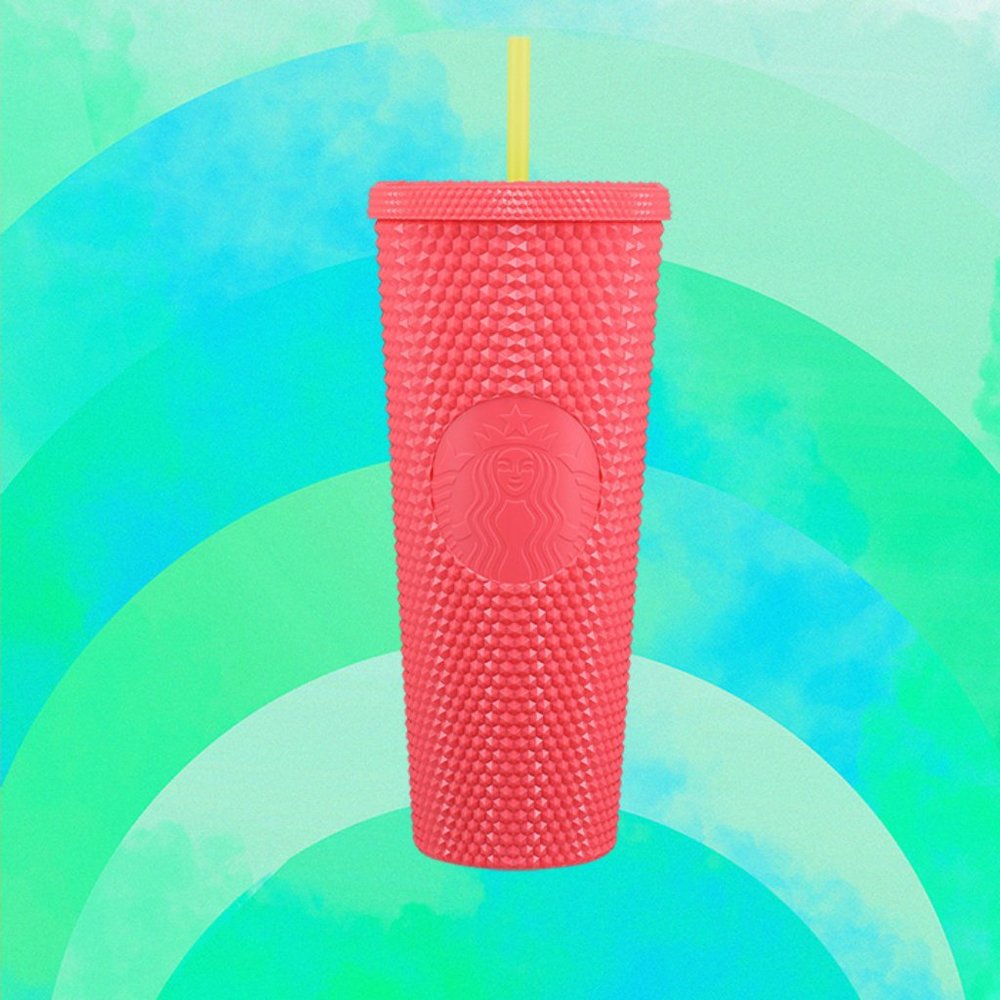 Starbucks Summer 2022 Dragon Fruit Peach Bling Studded Cold Cup Tumbler 24oz